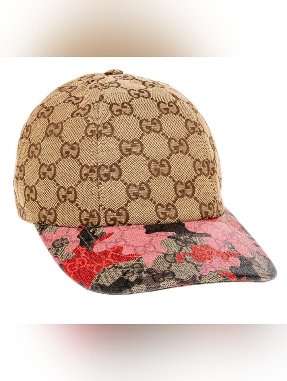 Gucci Beige Monogram Baseball Cap with Pink Floral Brim